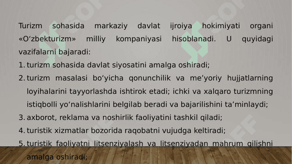 Turizmni rivojlantirish rejalari va dasturlarini ishlab chiqish, ularning bajarilishini ta’minlash 3