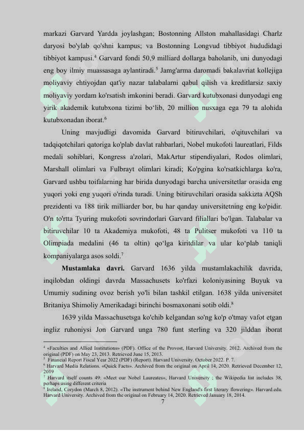 GARVARD UNIVERSITETI TARIXI VA BUGUNGI KUNDAGI FAOLIYATI BMI 7
