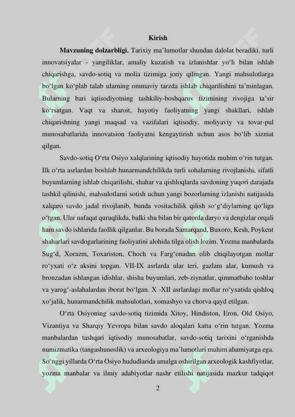 O’rta asrlarda O’rta osiyoda savdo munosabatiga oid ma’lumotlarni o’rganilishi. 2