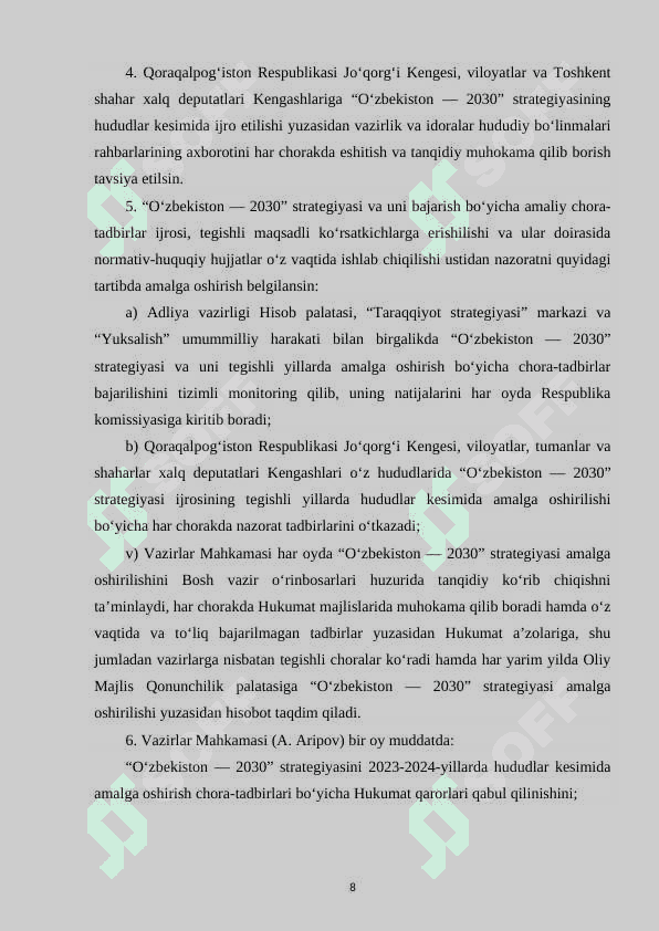 “O‘zbekiston -2030” strategiyasini "Yoshlar va biznesni qo‘llab -quvvatlash yili"da amalga oshirishga oid davlat dasturida yoshlarni  qo‘llab-quvvatlash masalalari. 8