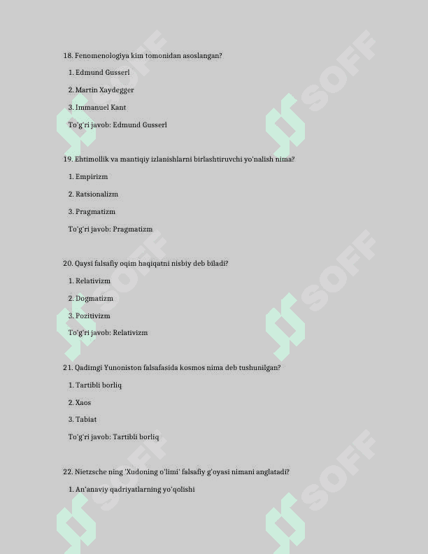 Falsafa fanidan test tuplami savol javoblari bilan 5