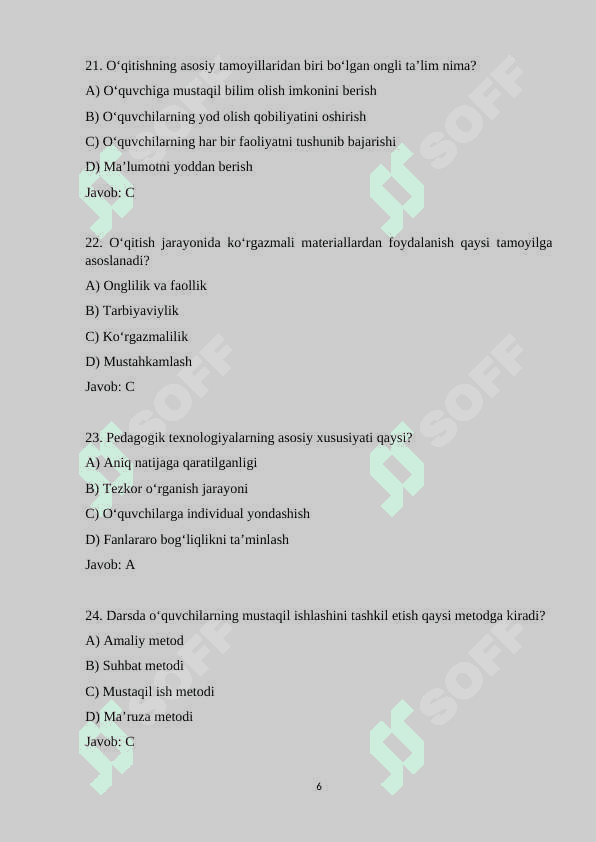 Pedagogika fanidan 100 ta test savollari va javoblari bilan 6