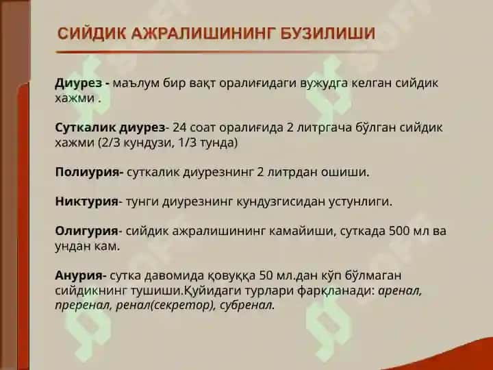 Buyrak kasalligi bilan o'rgangan bemorlarini tekshirish. Asosiy klinik sindromlar. Bujrak etishmovchiligi 7