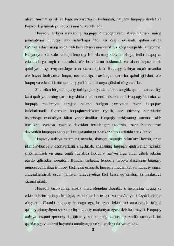 Huquqiy tarbiyada milliy-ma'rifiy va umuminsoniy qadriyatlarni uyg‘unlikda o‘rganish 8