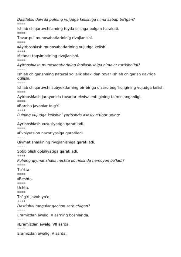 Pul va Banklar fanidan test savollari va javoblari