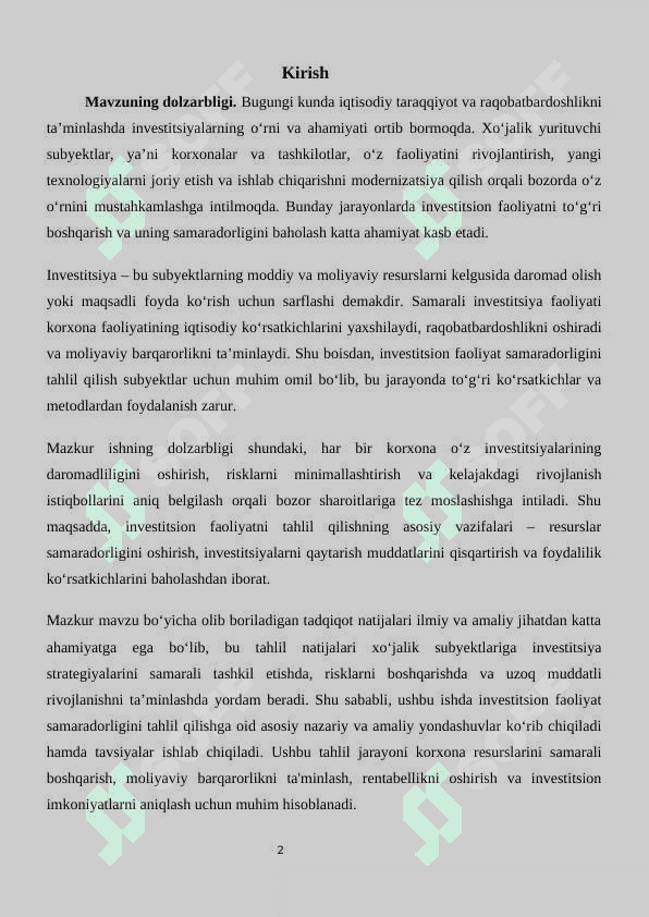 Xo’jalik yurutuvchi subyektlar investitsion faoliyati samaradorligini tahlili 2