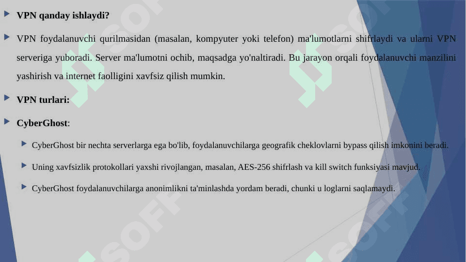 Virtual himoyalangan tarmoq va undan amaliyotda foydalanish (masalan, CyberGhost yoki ExpressVPN misolida). 4