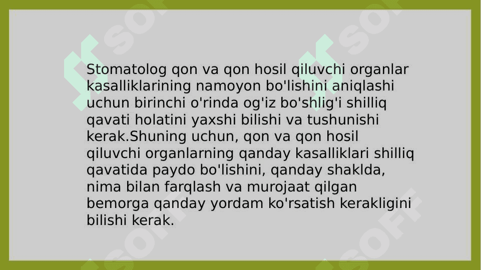 Qon kasalliklarida parodontda sodir bo'ladigan o'zgarishlar, klinik belgilari,
                  tashxisi, davosi. 2