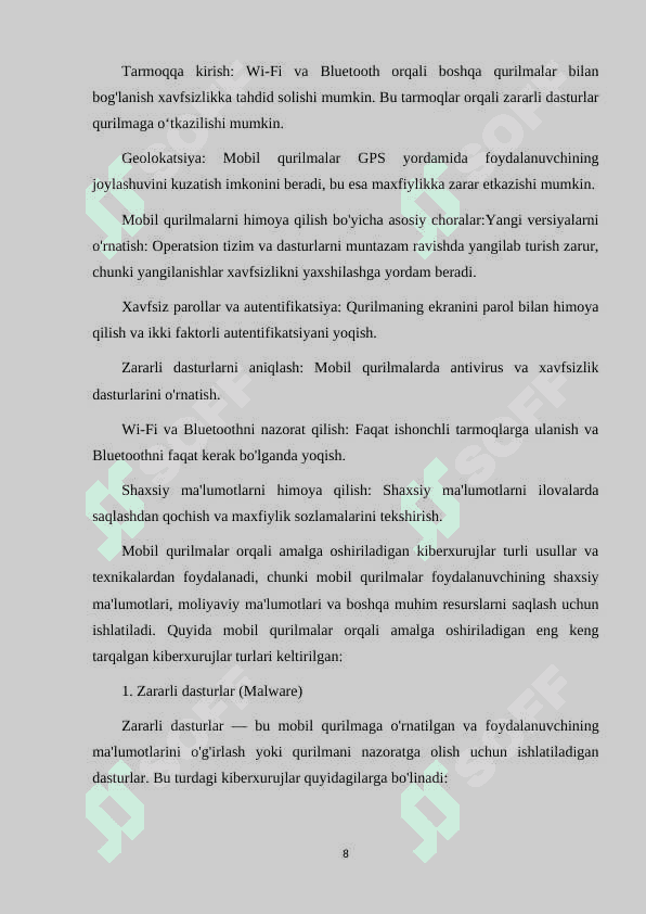 MOBIL QURILMALAR ORQALI AMALGA OSHIRILADIGAN KIBERXURUJLAR VA ULARNING OLDINI OLISH CHORALARI. 8