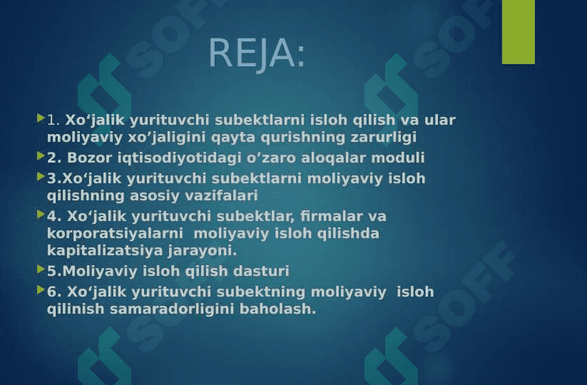 XO'JALIK YURITUVCHI SUBYEKTLAR MOLIYAVIY ISLOH QILISH 2