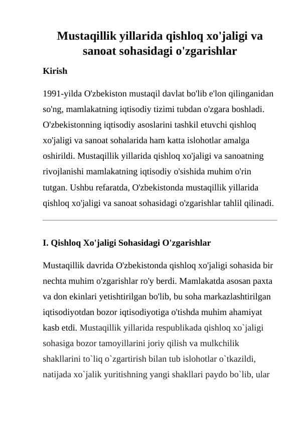 Mustaqillik yillarida qishloq xo'jaligi va sanoat sohasidagi o'zgarishlar