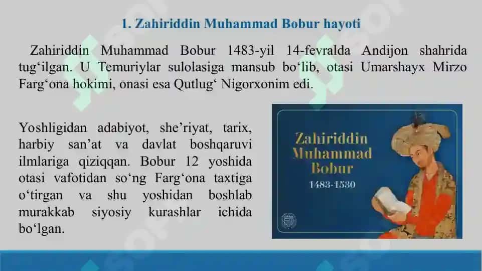 “Boburnoma – o‘zbek adabiyoti tarixidagi ilk memuar”. Taqdimot 10 bet. 2