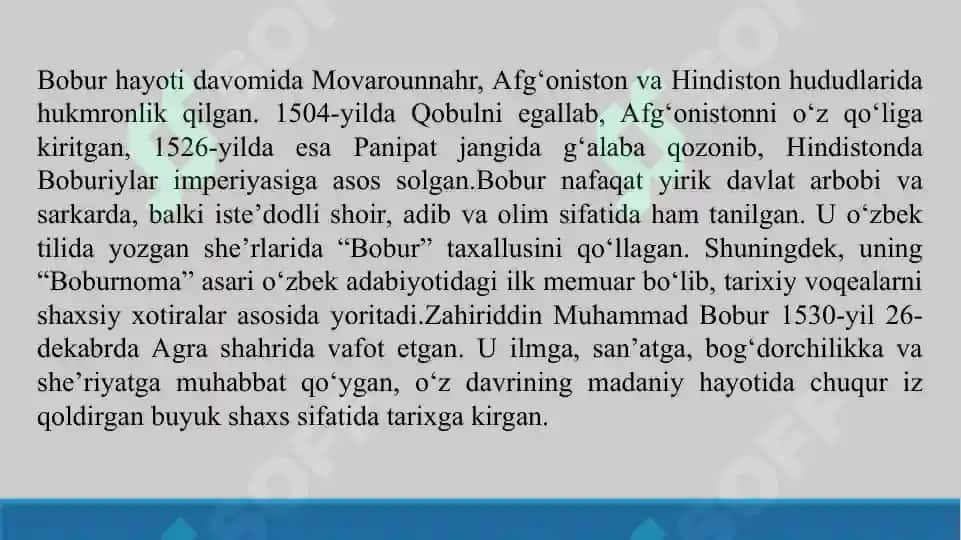“Boburnoma – o‘zbek adabiyoti tarixidagi ilk memuar”. Taqdimot 10 bet. 3