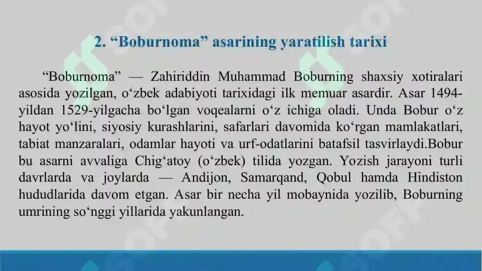 “Boburnoma – o‘zbek adabiyoti tarixidagi ilk memuar”. Taqdimot 10 bet. 4