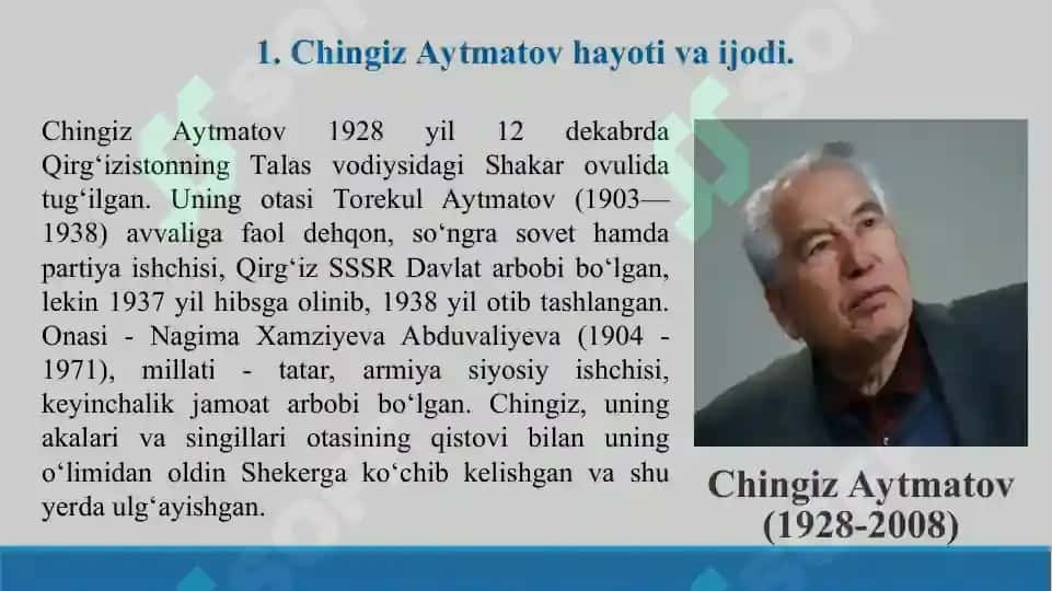 Chingiz Aytmatov ,,Asrga tatigulik kun’’ asari badiiy tahlili. Taqdimot 13 bet. 2