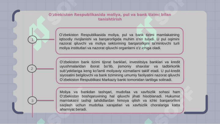 O'zbekiston Respublikasida moliya, pul va bank tizimi. Mudofaa va xavfsizlik. 3