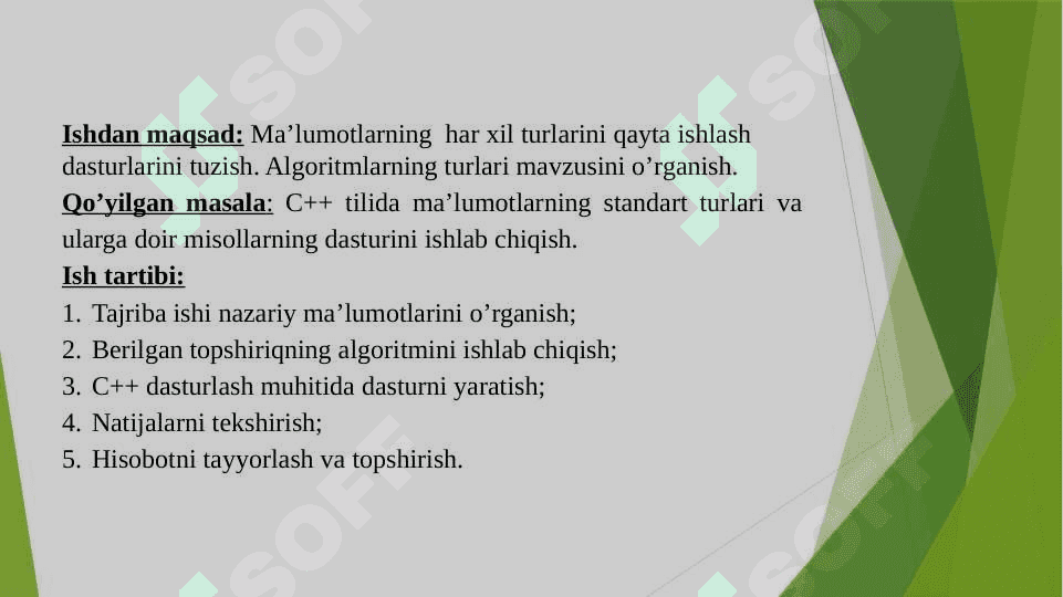 Ma’lumotlarning  har xil turlarini qayta ishlash dasturlarini tuzish. Algoritmlarning turlari pptx 2