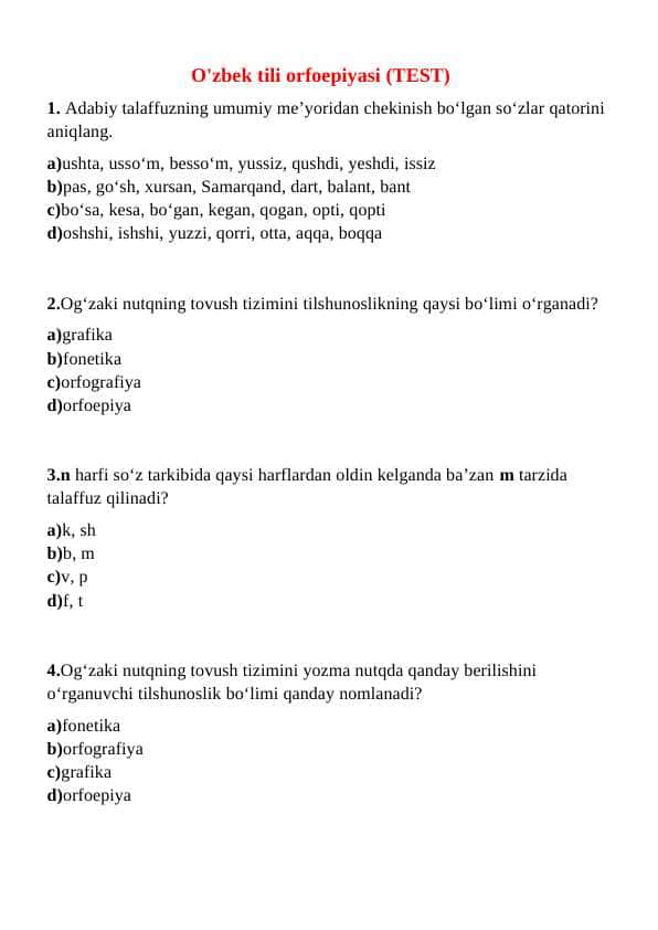 O'zbek tili orfoepiyasi TEST