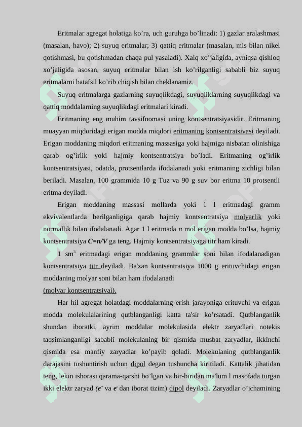 :” Eritmalar haqida umumiy tushunchalar, Eritmalar konsentratsiyasini ifodalash usullari ” 4