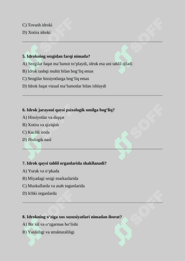 Test  idrok mavzusiga 15ta test javoblari bilan 2