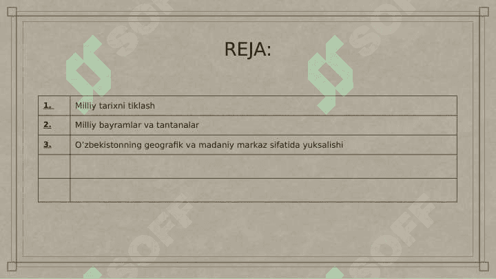 O'zbekiston milliy qadriyatlar va tarixni tiklash borasida amalga oshirilgan islohotlar mazmuni 2
