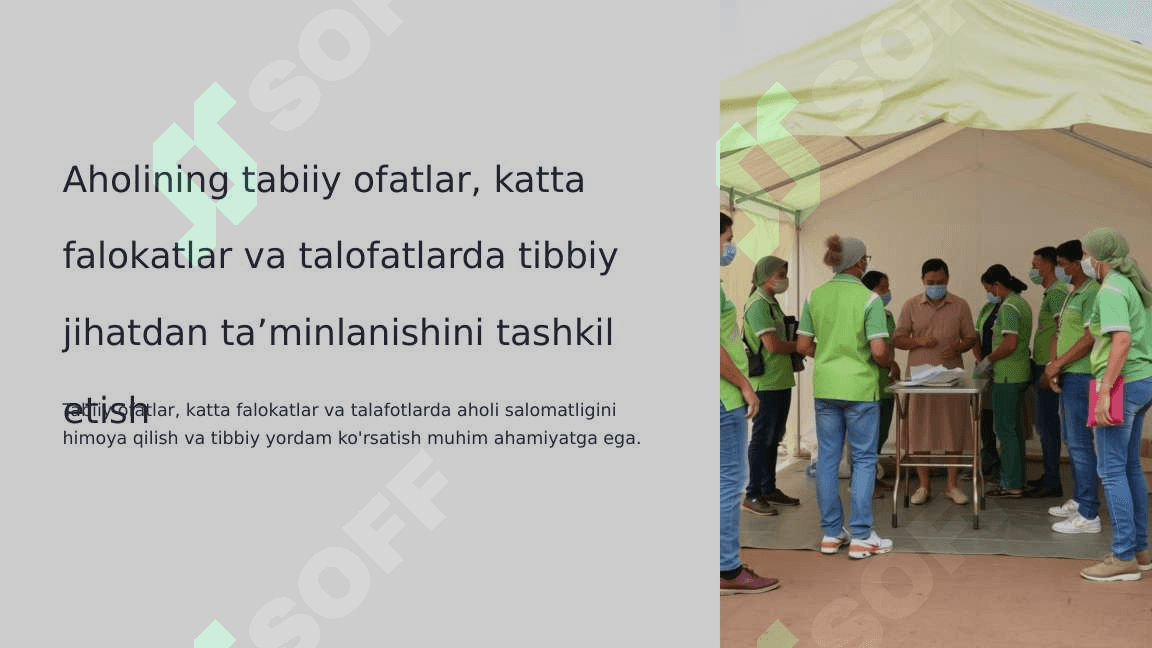 Aholining tabiiy ofatlar, katta falokatlar va talofatlarda  tibbiy jihatdan ta'minlanishini tashkil etish 2