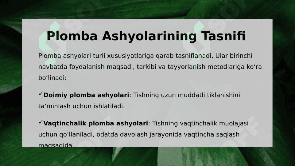 Plomba Ashyolari Tasnifi. Vaqtinchalik Plomba Ashyolari Bog'lov Materiallari 3