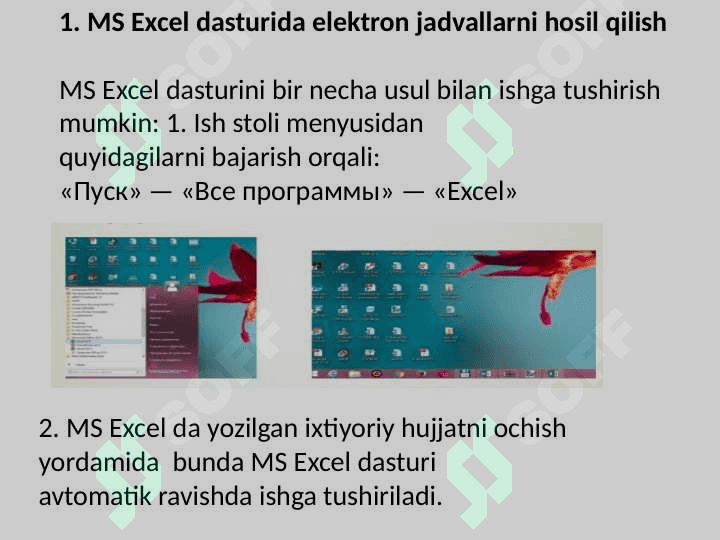 MS Excel dasturida ishlash. Elektron jadvallarni qayta ishlashda jadval protsessorining funksional imkoniyatlaridan optimal foydalanish 2