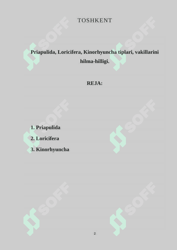 : “  Priapulida, Loricifera, Kinorhyuncha tiplari, vakillarini hilma-hilligi. ” 2