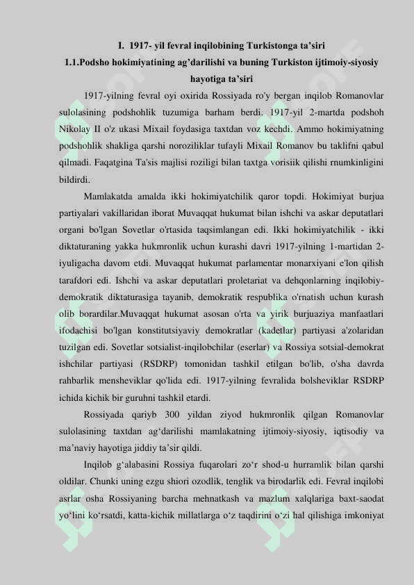 Turk istonda ikk i hokimiyatc hilik va s ho’ro lar hukmron lig in ing o’ rnatilish i 6