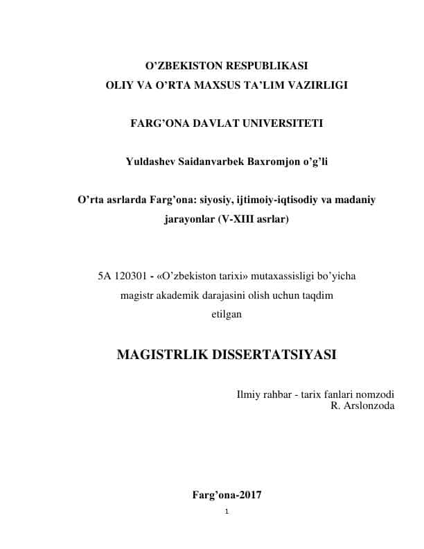 O’rta asrlarda Farg’ona: siyosiy, ijtimoiy-iqtisodiy va madaniy jarayonlar (V-XIII asrlar)