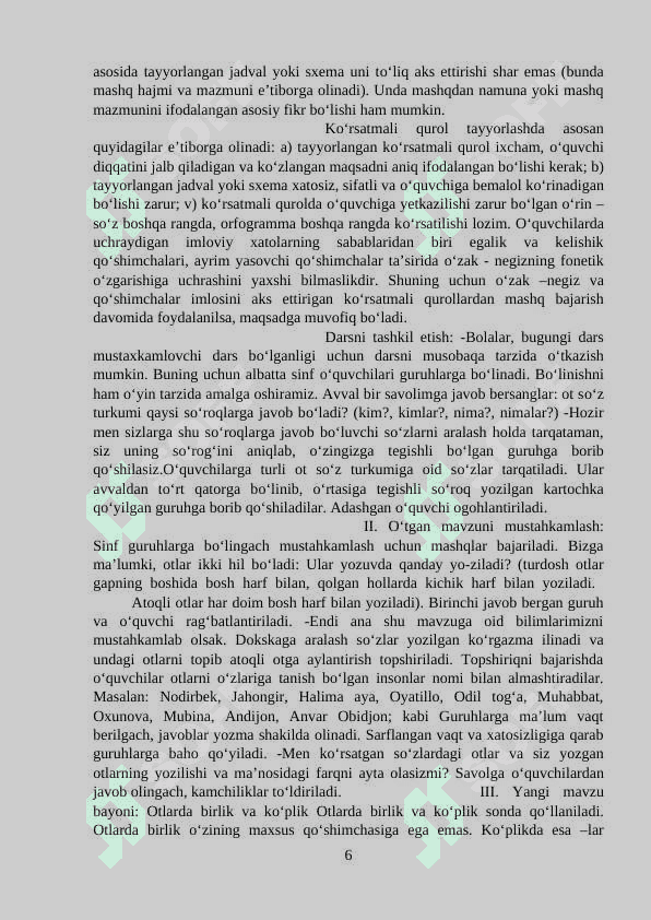 Boshlang'ich sinf ona tili va o'qish savodxonligiga qo'yiladigan talablar. 6