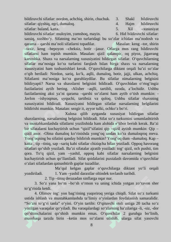 Boshlang'ich sinf ona tili va o'qish savodxonligiga qo'yiladigan talablar. 8