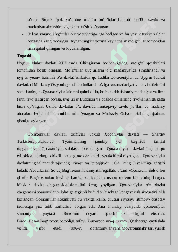 Qoraxoniylar va Uyg’ur Idukut davlati 4
