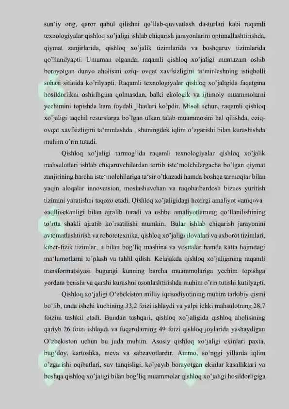O’ZBEKISTON QISHLOQ XO’JALIGI TARMOG’IDA RAQAMLI TEXNOLOGIYALARDAN FOYDALANISHNING HOZIRGI HOLATI VA KELAJAKDAGI ISTIQBOLLARI 2