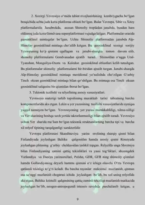 YEVROSIYO MATERIGI SHAKILLANISHI TARIXI GEOLOGIK TUZILISHI TEKTONIKASI RELYEFI VA FOYDALI QAZILMALARI 8