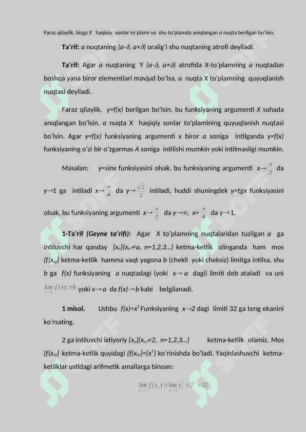 Funksiya limiti.Aniqmas  ifodalar va ularni elementar usulda ochish  sonli ketma-ketlik va uning limiti.Natural logarifm.Giperbolik funksiyalar.Funksiya limiti 3