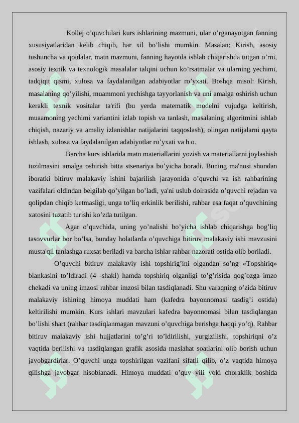 Erkin mavzu asosida rasmiylashtirish qoidalariga qat'iy amal qilgan holda bitiruv malakaviy shi loyihasini tayyorlash  24 4