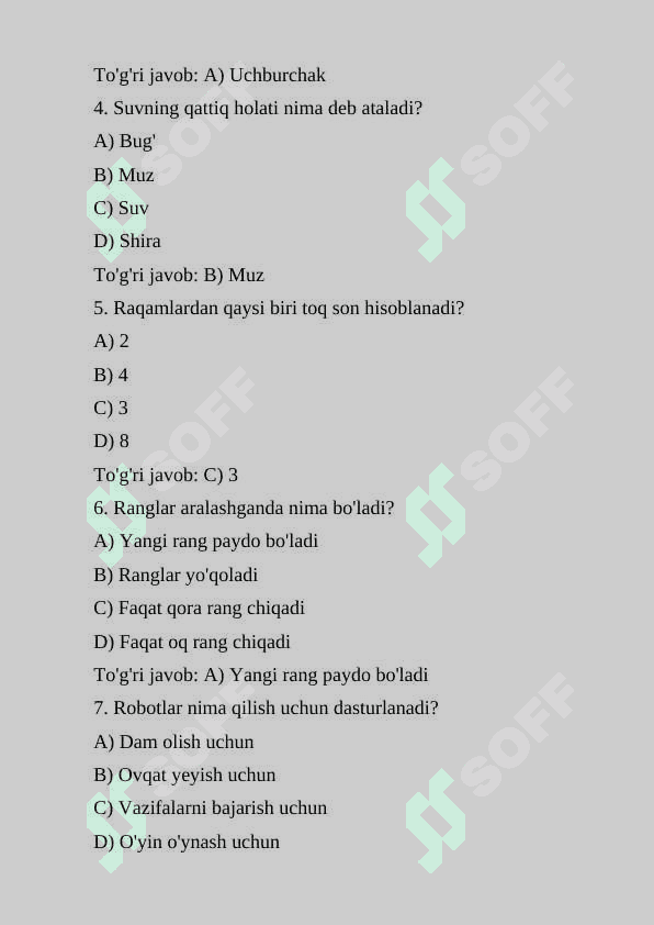 Maktabgacha yoshdagi bolalarning STEAM (fan, texnologiya, muhandislik, san'at va matematika) orqali intellektual qobiliyatlarini rivojlantirish mavzusiga oid testlarni keltiraman. Testlar mavzuga mos holda tuziladi, bu orqali bolalar turli STEAM sohalariga oid asosiy tushunchalarni o'rganadilar. 2