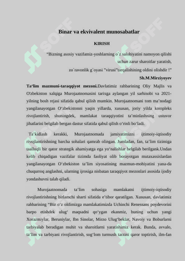 ”Binar va ekvivalent munosabatlar ” mavzusidagi 3