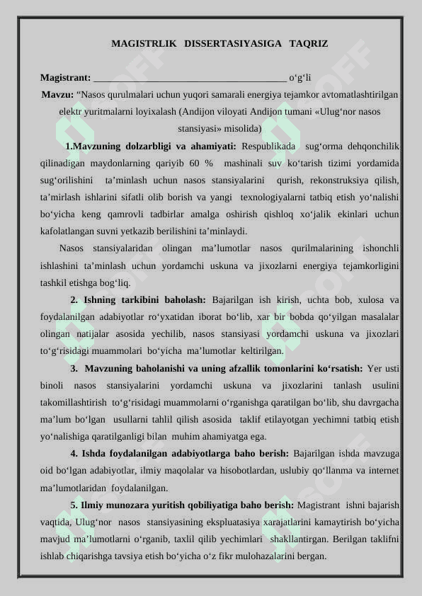 MAGISTR  DARAJASINI OLISH UCHUN DISSERTATSIYASI ISHI UCHUN   TAQRIZ 2