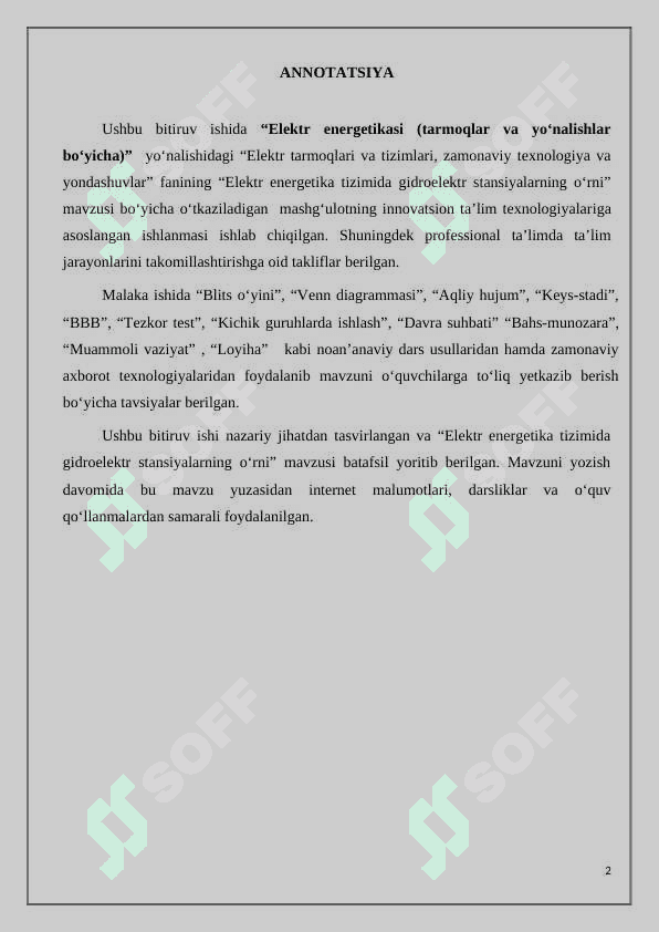 Elektr energetika tizimida gidroelektr stansiyalarning o‘rni BMI 2