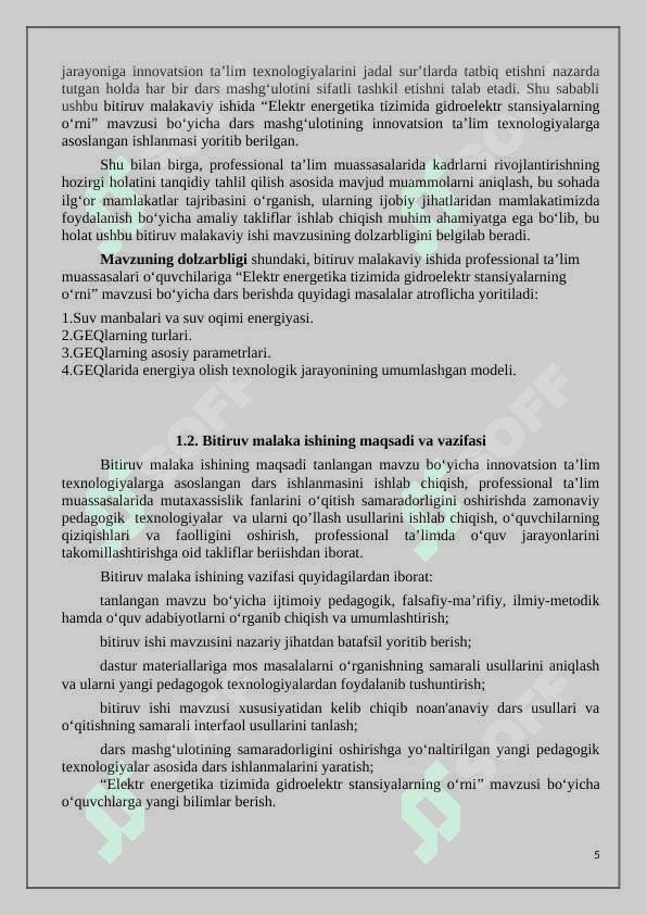 Elektr energetika tizimida gidroelektr stansiyalarning o‘rni BMI 5
