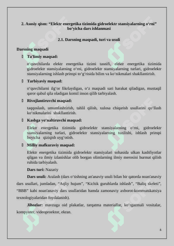 Elektr energetika tizimida gidroelektr stansiyalarning o‘rni BMI 6