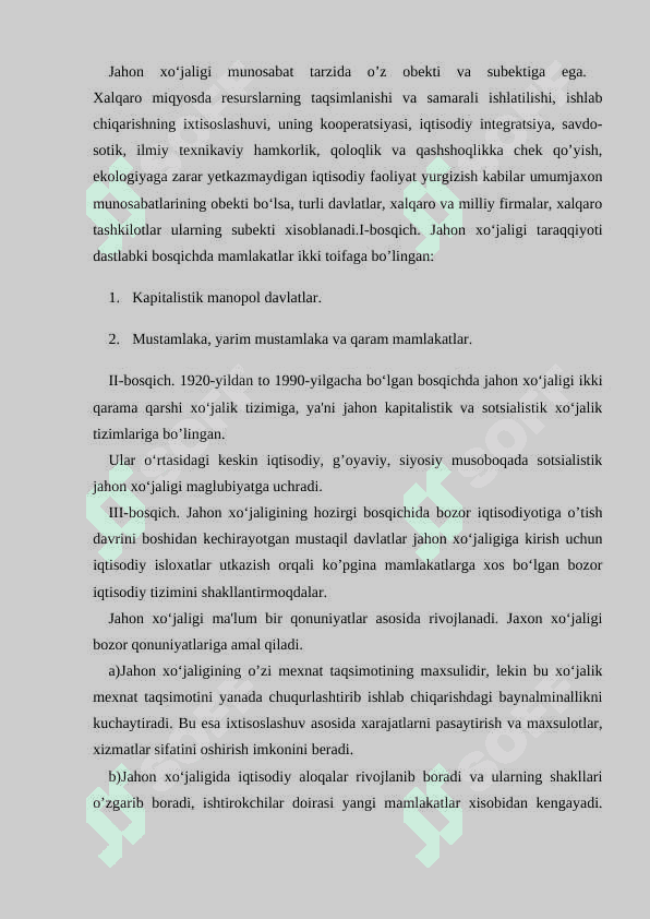 JAHON XO’JALIGINING TASHKIL TOPISHI, BOSQICHLARI VA ASOSIY BELGILARI 7