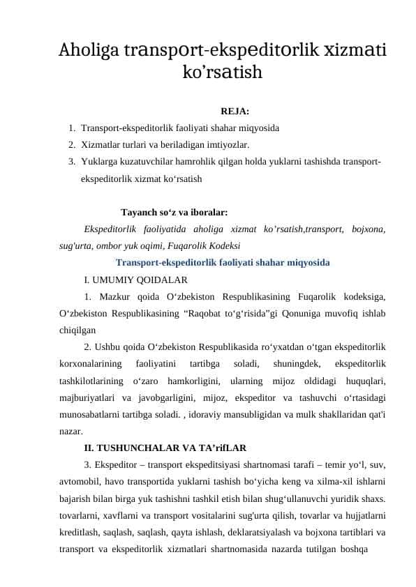 Aholiga trаnspоrt-ekspеditоrlik хizmаti ko’rsаtish
