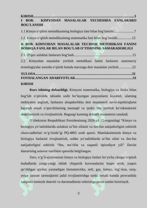 Kimyodan masalalar yechishda fanlararo bog‘lanish. 2