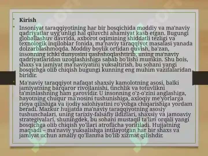 Ma’naviy taraqqiyotni ta’minlashva sohani yangi bosqichga olib chiqish 2