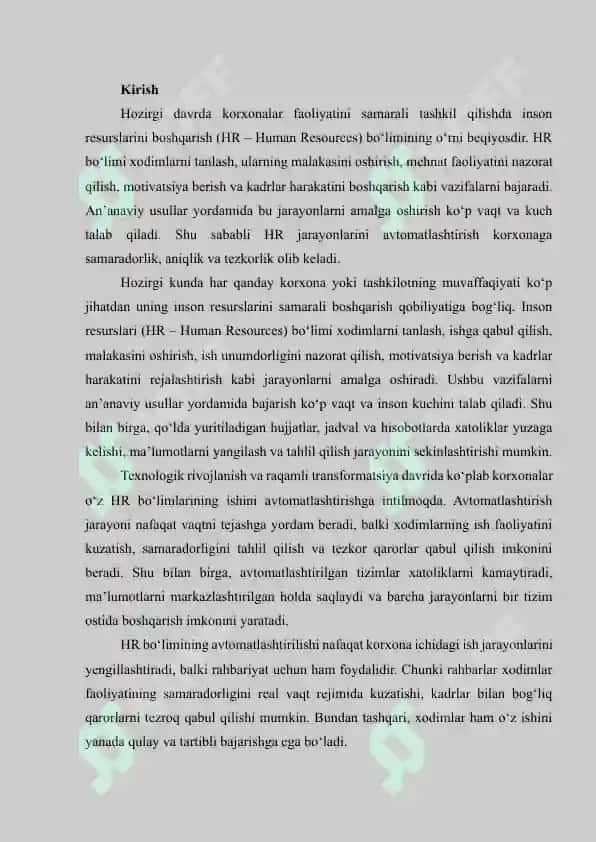 HR BO‘LIMI ISHINI AVTOMATLASHTIRISH UCHUN DASTURIY YECHIM TAKLIFI 2