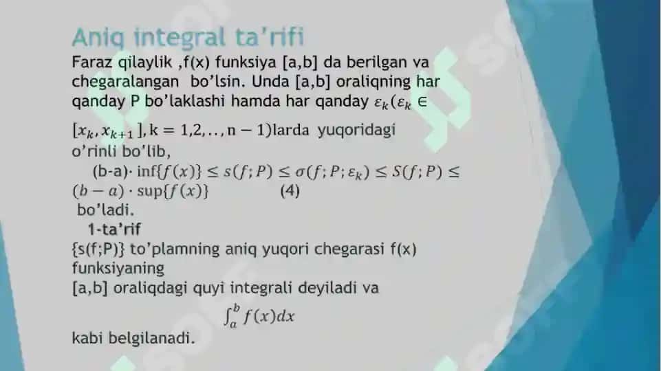 Aniq integral ta’rifi va mavjudlik sharti.Darbu yig’indilari 4